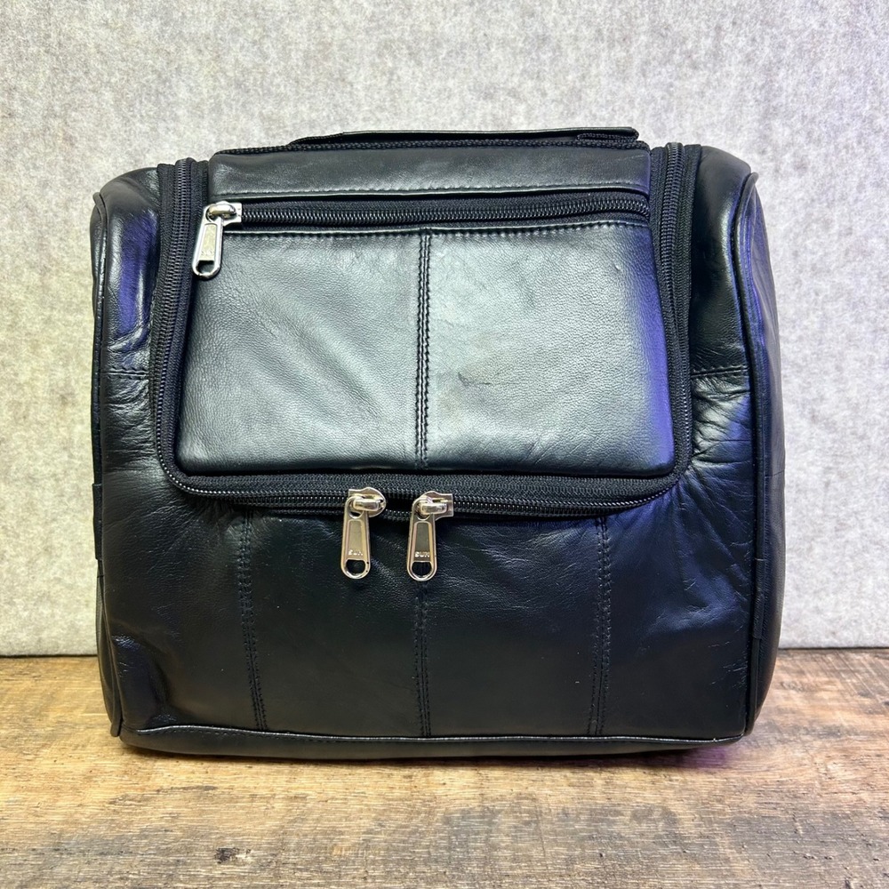 Black Leather Hanging‎ Toiletry Bag Travel Organizer Zipper Pockets With Hook